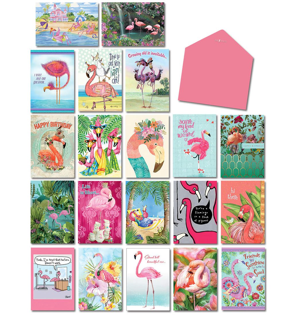 Full assortment of 20 flamingo-themed greeting cards and a pink envelope. The cards display various humorous and artistic flamingo designs for multiple occasions.
