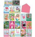 Full assortment of 20 flamingo-themed greeting cards and a pink envelope. The cards display various humorous and artistic flamingo designs for multiple occasions.