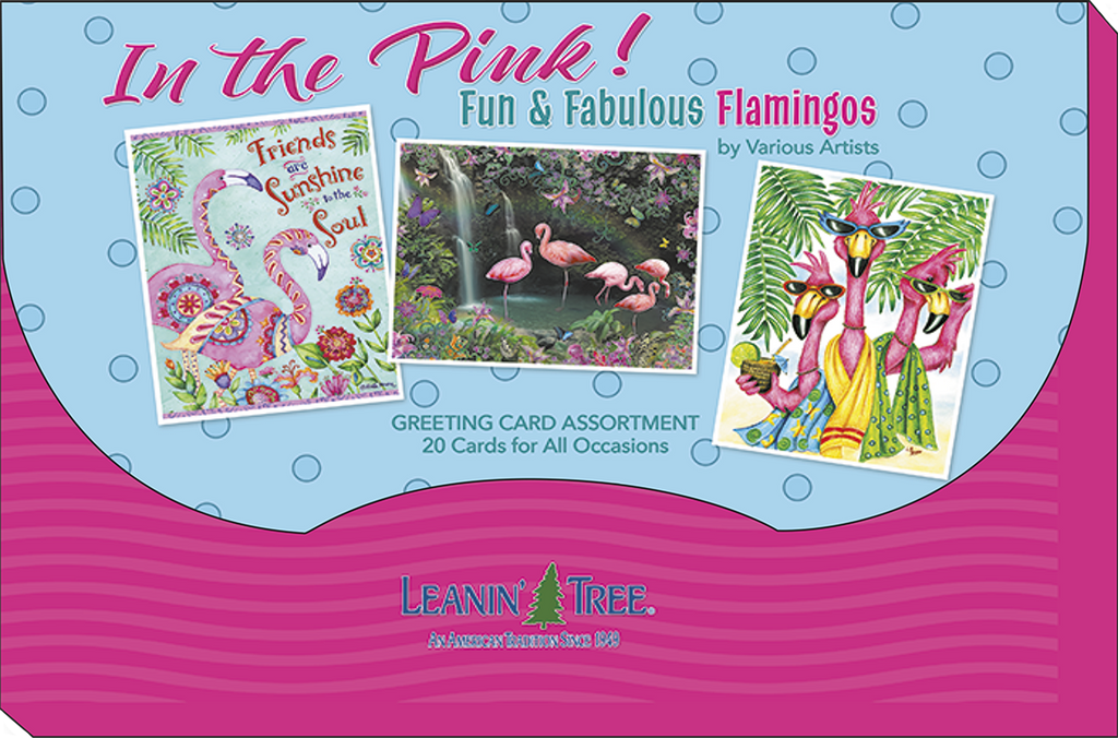 Packaging for the 'In the Pink! Fun & Fabulous Flamingos' greeting card assortment, showcasing three vibrant flamingo card designs and text 'Greeting Card Assortment, 20 Cards for All Occasions'.