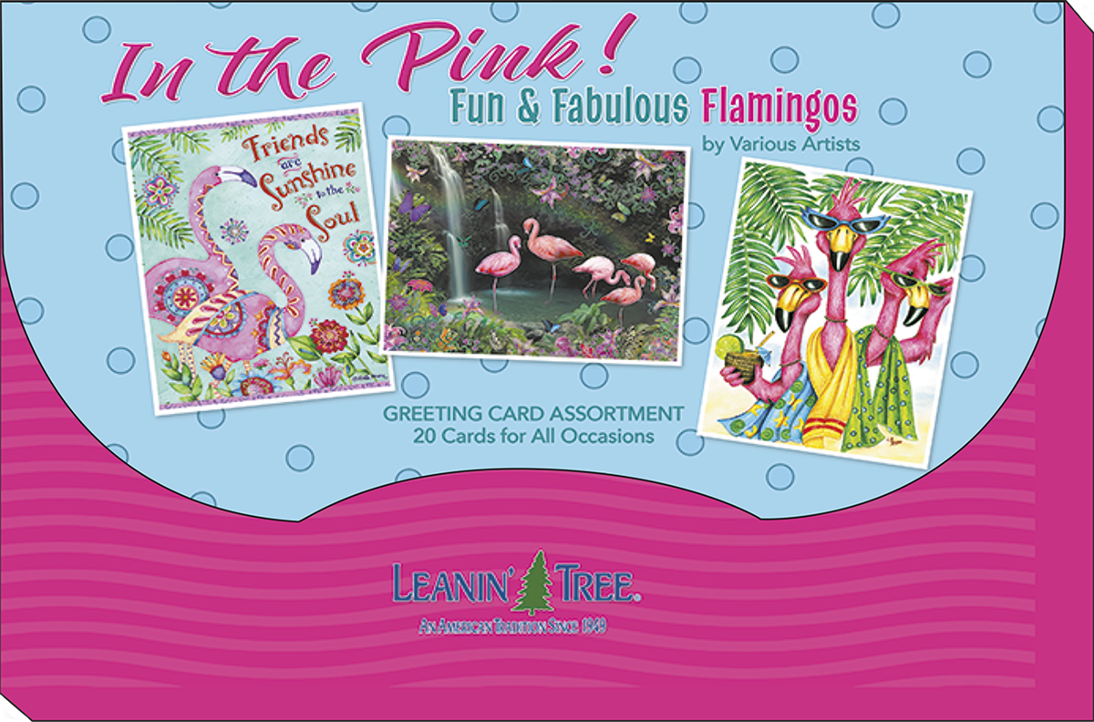 Packaging for the 'In the Pink! Fun & Fabulous Flamingos' greeting card assortment, showcasing three vibrant flamingo card designs and text 'Greeting Card Assortment, 20 Cards for All Occasions'.