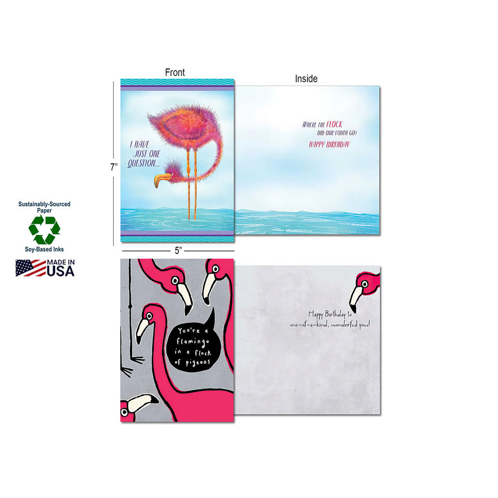 Detail view of two open flamingo greeting cards, showing the front and inside messages. Includes callouts for card dimensions (5x7 inches), 'Sustainably-Sourced Paper', 'Soy-Based Inks', and 'Made in USA' labels.