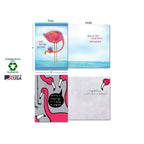 Detail view of two open flamingo greeting cards, showing the front and inside messages. Includes callouts for card dimensions (5x7 inches), 'Sustainably-Sourced Paper', 'Soy-Based Inks', and 'Made in USA' labels.