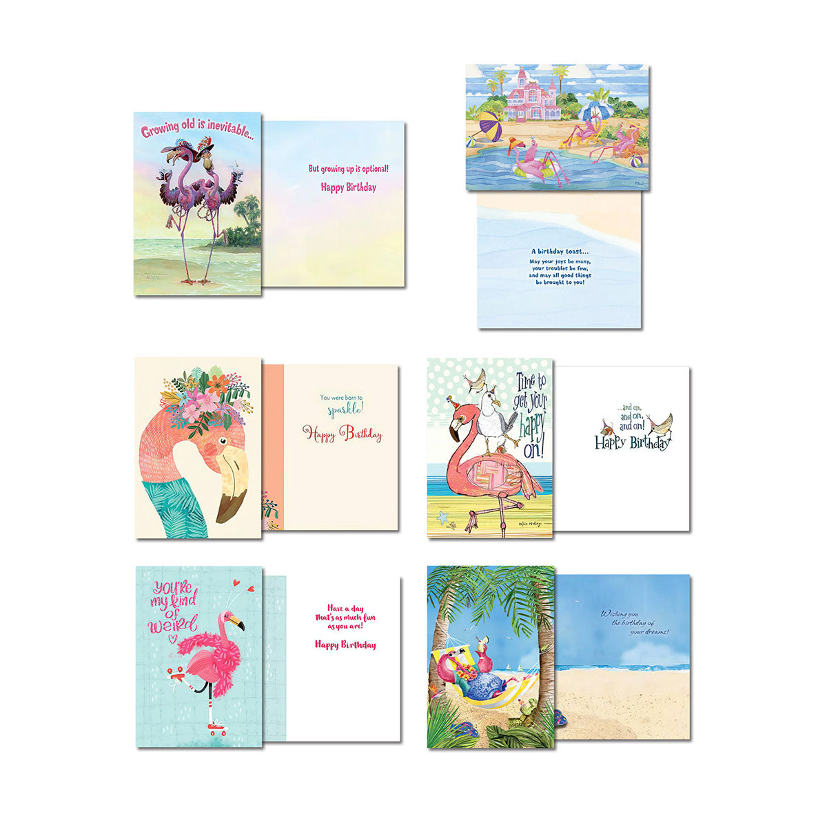 Collection of four Leanin' Tree flamingo birthday cards, open to display their humorous front artwork and thoughtful inside messages.