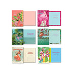 Another group of six individual flamingo greeting cards, open to showcase their unique front artwork and complementary interior messages. Includes designs like 'hi there' and 'I am so sheet'.