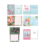 The final group of six individual flamingo greeting cards, displayed open to highlight diverse illustrations and messages, such as 'Friends are sunshine in the Soul' and a card with pink flamingos by a waterfall.