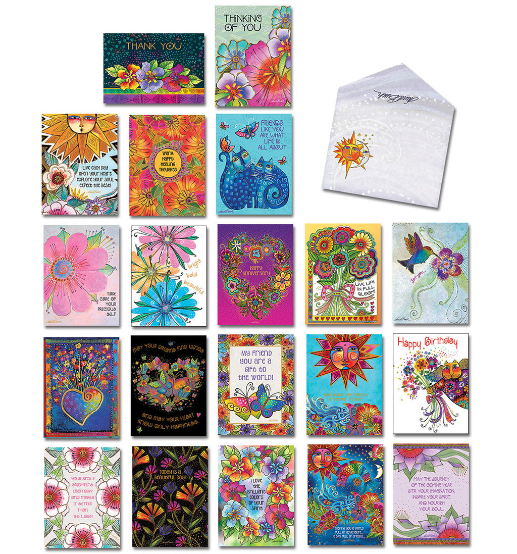 Assortment of 20 vibrant Leanin' Tree Laurel Burch greeting cards, featuring floral designs, cats, sun, and diverse messages like "Thank You," "Thinking of You," and "Happy Birthday." Includes an envelope.