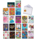 Assortment of 20 vibrant Leanin' Tree Laurel Burch greeting cards, featuring floral designs, cats, sun, and diverse messages like "Thank You," "Thinking of You," and "Happy Birthday." Includes an envelope.