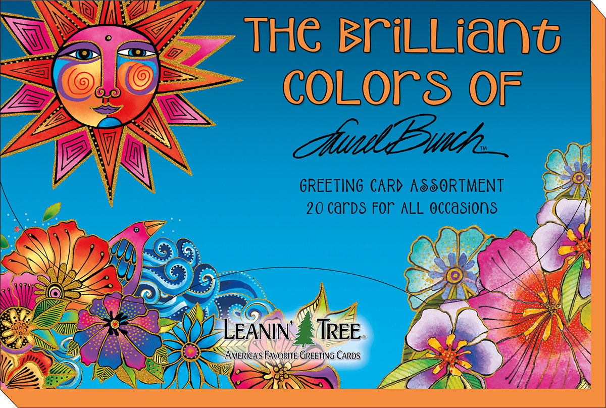 Laurel Burch Leanin' Tree greeting card assortment box top, featuring a radiant sun, colorful flowers, and text "The Brilliant Colors of Laurel Burch" and "Greeting Card Assortment 20 Cards for All Occasions."