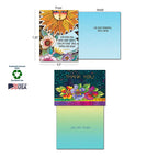 Two sample greeting cards showing front and inside messages: a 'Live Each Day' sun design and a 'Thank You' floral card, highlighting sustainably-sourced paper and Made in USA with soy-based inks.