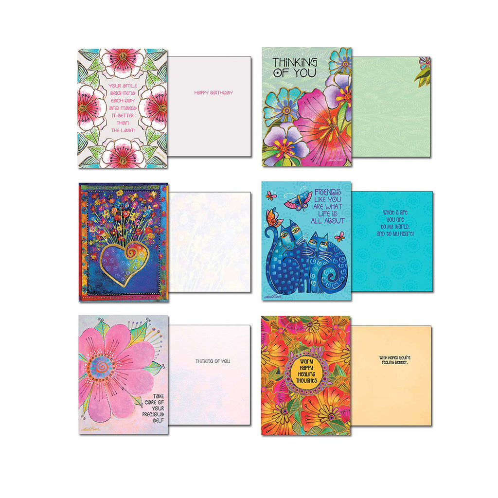 Top row of 8 assorted Leanin' Tree greeting cards by Laurel Burch, showing front and inside designs. Features cards with floral patterns, sun, cats, and "Thinking of You" messages.