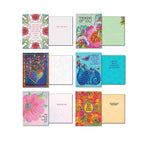 Top row of 8 assorted Leanin' Tree greeting cards by Laurel Burch, showing front and inside designs. Features cards with floral patterns, sun, cats, and "Thinking of You" messages.
