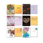 Middle row of 8 assorted Leanin' Tree greeting cards by Laurel Burch, showing front and inside designs. Features cards with vibrant flowers, birds, hearts, and "Happy Birthday" messages.