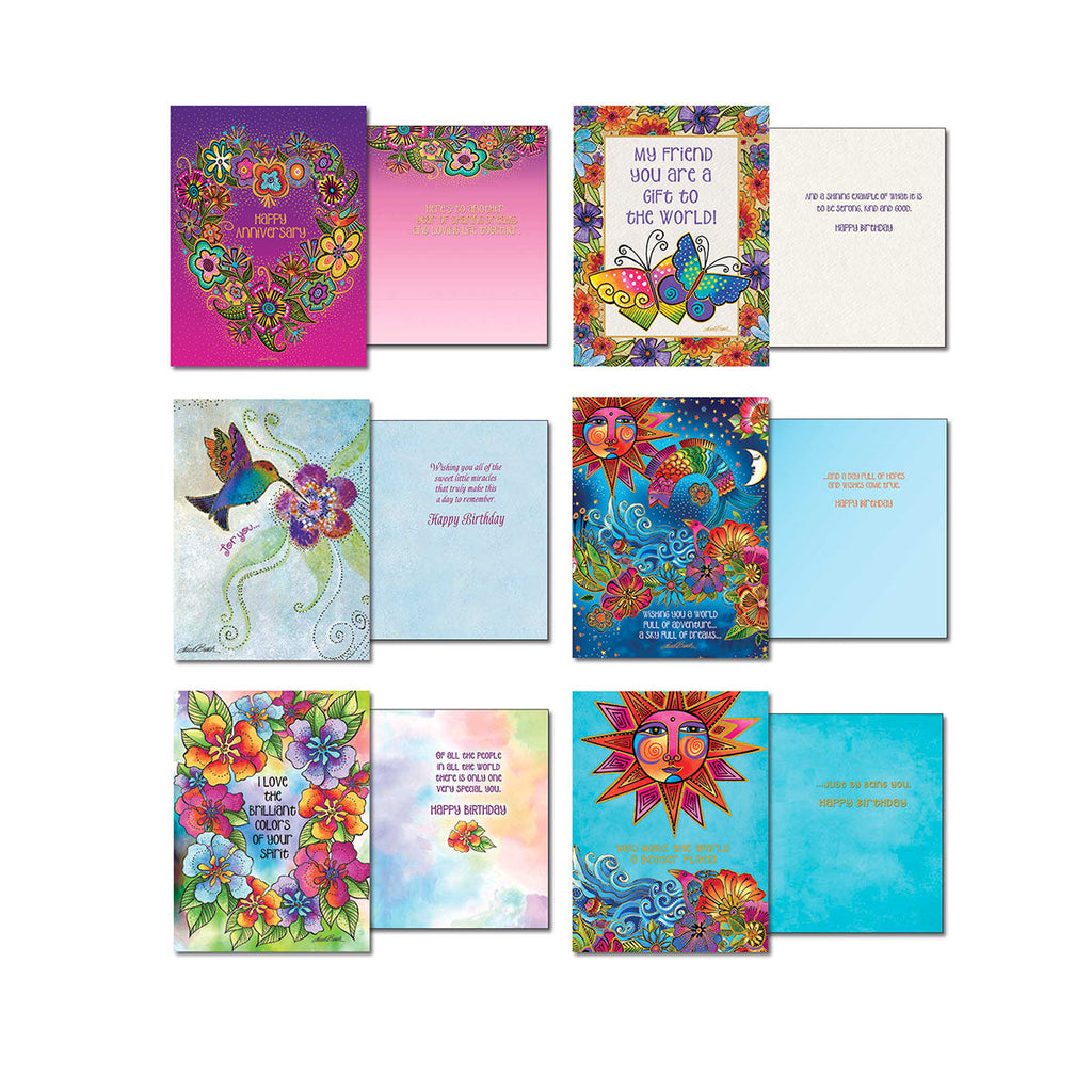 Bottom row of 8 assorted Leanin' Tree greeting cards by Laurel Burch, showing front and inside designs. Features cards with colorful sun, birds, flowers, and "Happy Anniversary" messages.