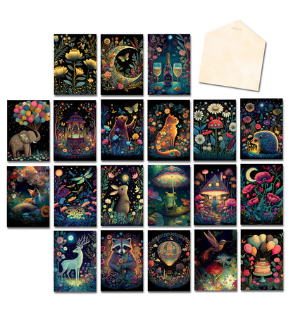 Overhead view of a box set of 20 assorted greeting cards and envelopes featuring whimsical night garden animal and floral designs.