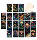 Overhead shot of 20 "Night Garden" themed greeting cards with matching envelopes, showcasing various whimsical animals and floral designs on a light background.