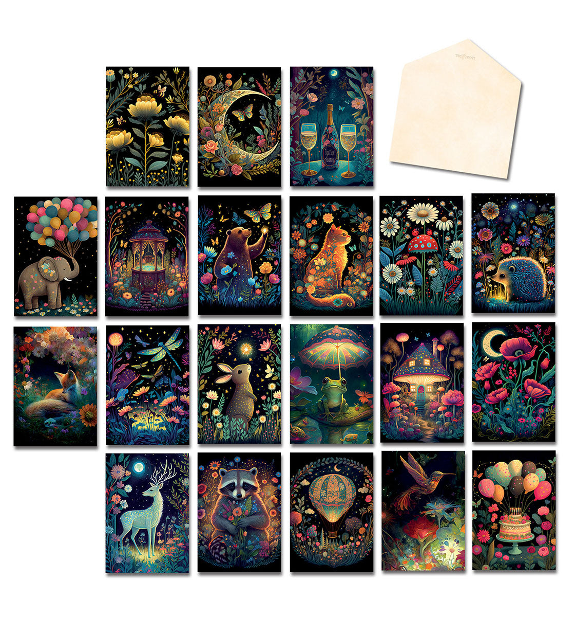 Overhead shot of 20 "Night Garden" themed greeting cards with matching envelopes, showcasing various whimsical animals and floral designs on a light background.