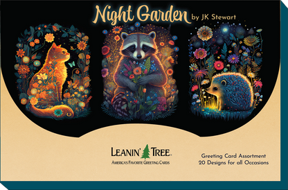 'Night Garden by JK Stewart' title with three featured card designs: a floral cat, a raccoon with flowers, and a hedgehog.