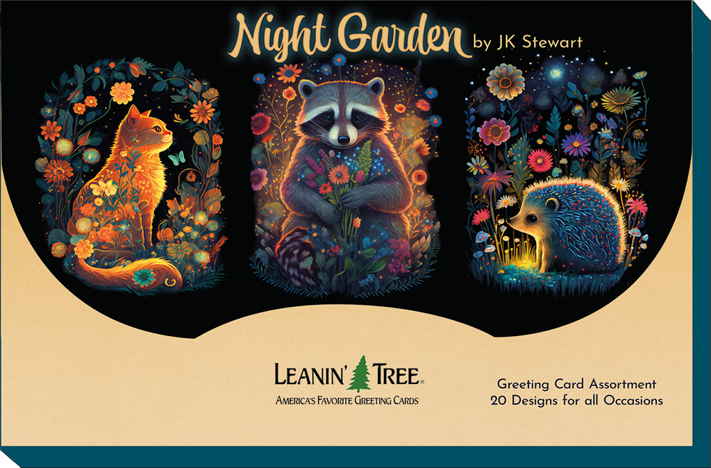 "Night Garden" greeting card assortment branding image by JK Stewart, featuring a cat, raccoon, and hedgehog amidst glowing flowers, with "Leanin' Tree" logo and "20 Designs for all Occasions" text.