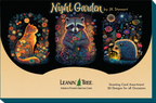 "Night Garden" greeting card assortment branding image by JK Stewart, featuring a cat, raccoon, and hedgehog amidst glowing flowers, with "Leanin' Tree" logo and "20 Designs for all Occasions" text.
