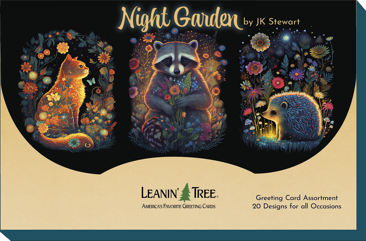 "Night Garden" greeting card assortment branding image by JK Stewart, featuring a cat, raccoon, and hedgehog amidst glowing flowers, with "Leanin' Tree" logo and "20 Designs for all Occasions" text.