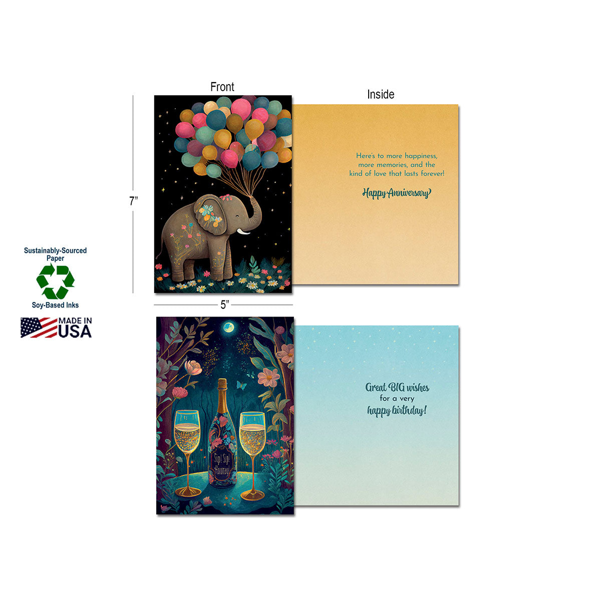 Two greeting cards from the assortment, showing front and inside text: an elephant with balloons (Happy Anniversary) and two champagne glasses (Happy Birthday). Displays "Sustainably Sourced Paper", "Soy-Based Inks", and "MADE IN USA" logos.