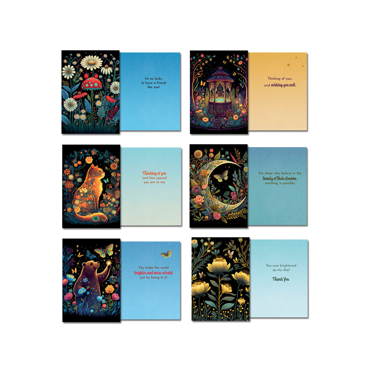 Top row of eight assorted greeting cards with their corresponding open interiors showing various designs and sentiments.