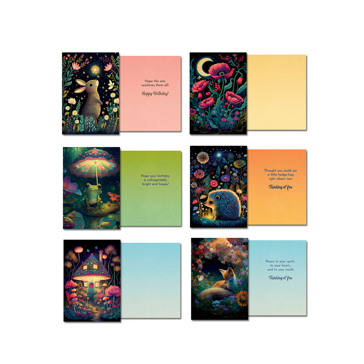 Middle row of eight assorted greeting cards with their corresponding open interiors showing various designs and sentiments.