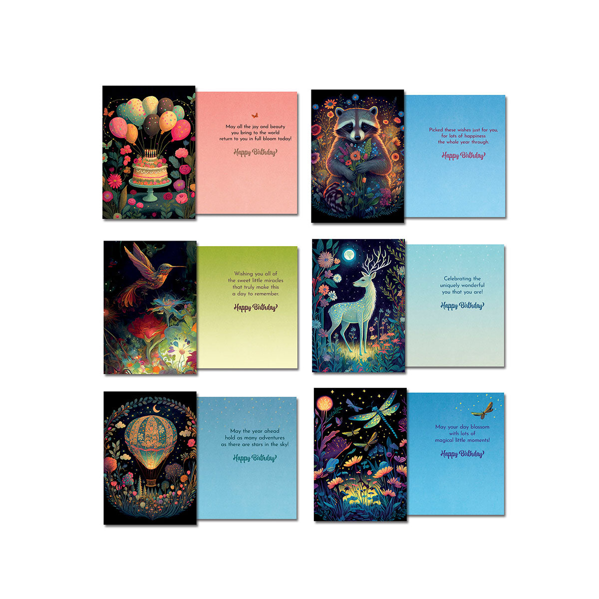 Grid of eight "Night Garden" greeting cards from the assortment, displaying lively front designs (elephant with cake, raccoon, hummingbird, deer, hot air balloon, dragonfly) and various "Happy Birthday" messages inside.