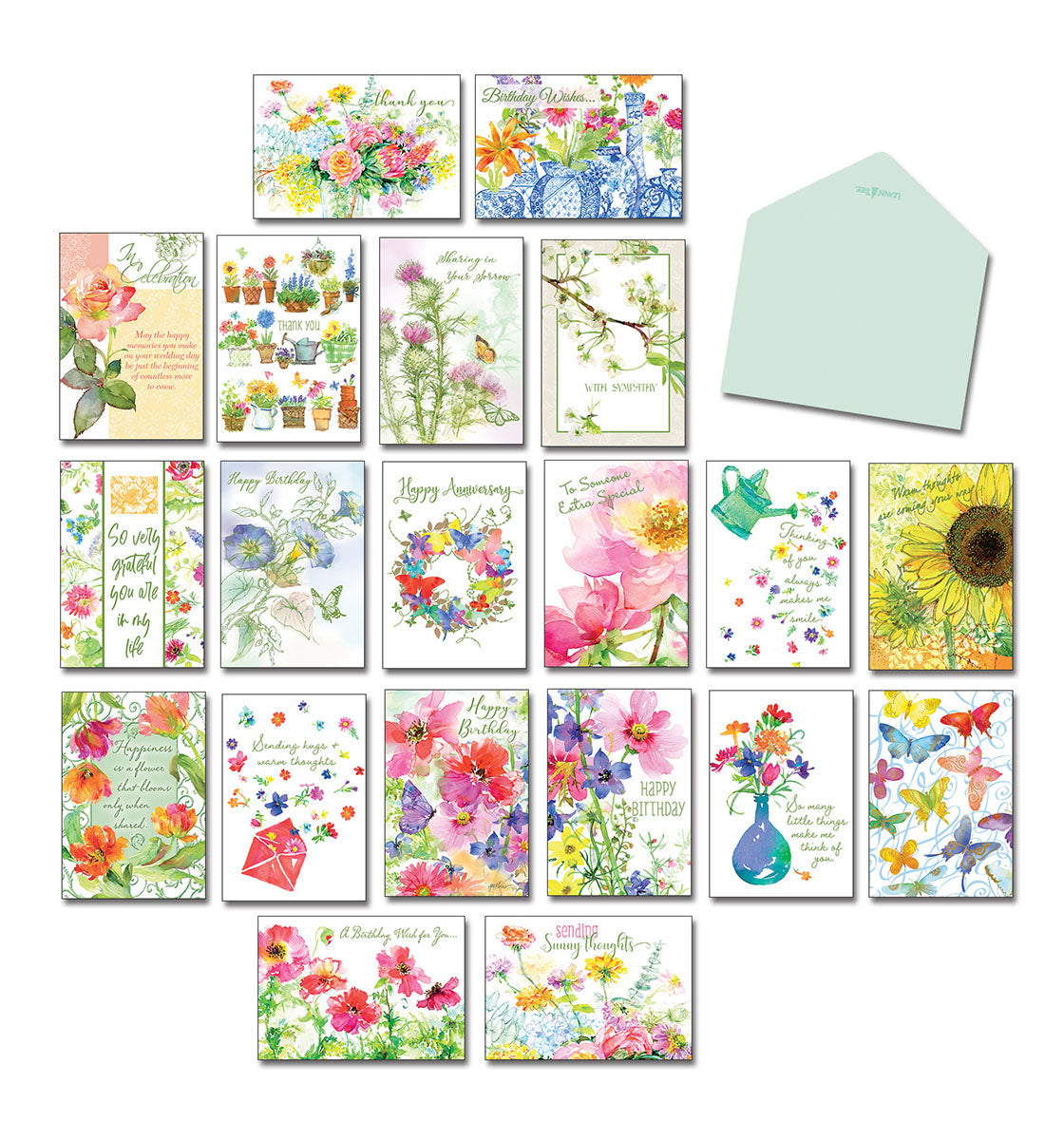 Elegant floral greeting card assortment, 20 different designs with envelopes for various occasions.