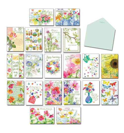 Elegant floral greeting card assortment, 20 different designs with envelopes for various occasions.