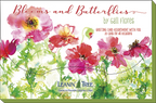 Close-up of 'Blooms and Butterflies' greeting card assortment box by Gail Flores, featuring vibrant pink and red watercolor flowers.