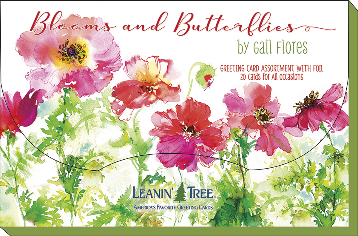 Close-up of 'Blooms and Butterflies' greeting card assortment box by Gail Flores, featuring vibrant pink and red watercolor flowers.