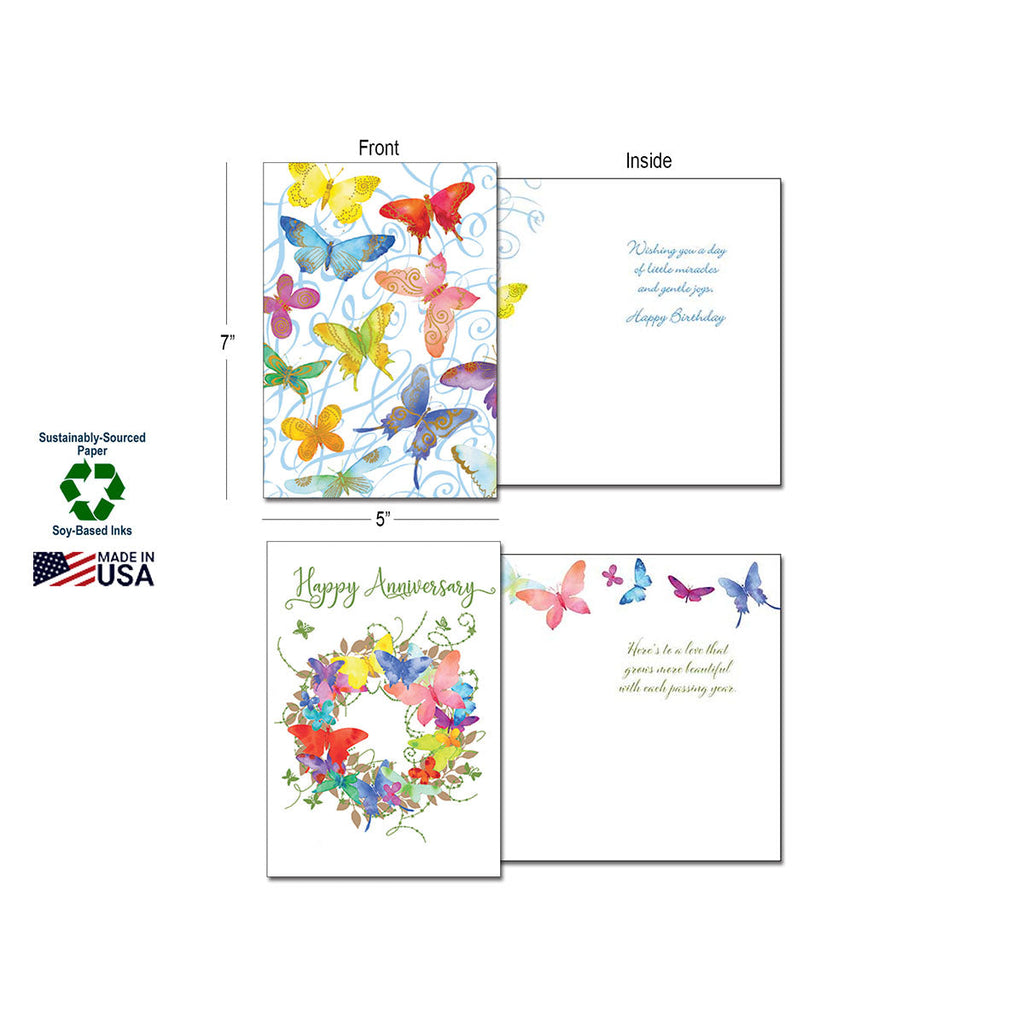 Two open greeting cards demonstrating dimensions (7"x5") and sustainability features. One shows colorful butterflies for "Happy Birthday," the other a floral wreath for "Happy Anniversary." Logos for Sustainably-Sourced Paper, Soy-Based Inks, and Made in USA are visible.