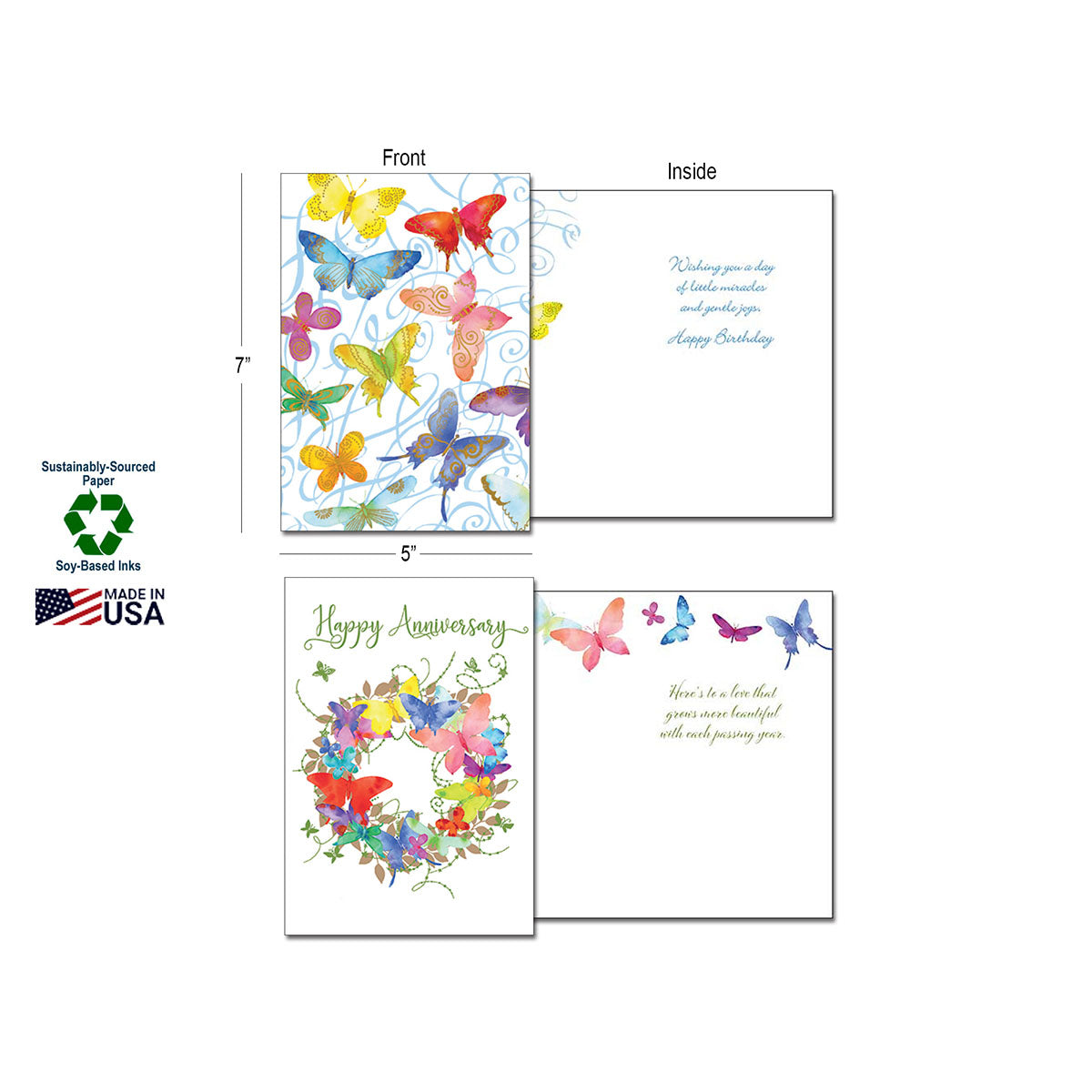 Two open greeting cards demonstrating dimensions (7"x5") and sustainability features. One shows colorful butterflies for "Happy Birthday," the other a floral wreath for "Happy Anniversary." Logos for Sustainably-Sourced Paper, Soy-Based Inks, and Made in USA are visible.
