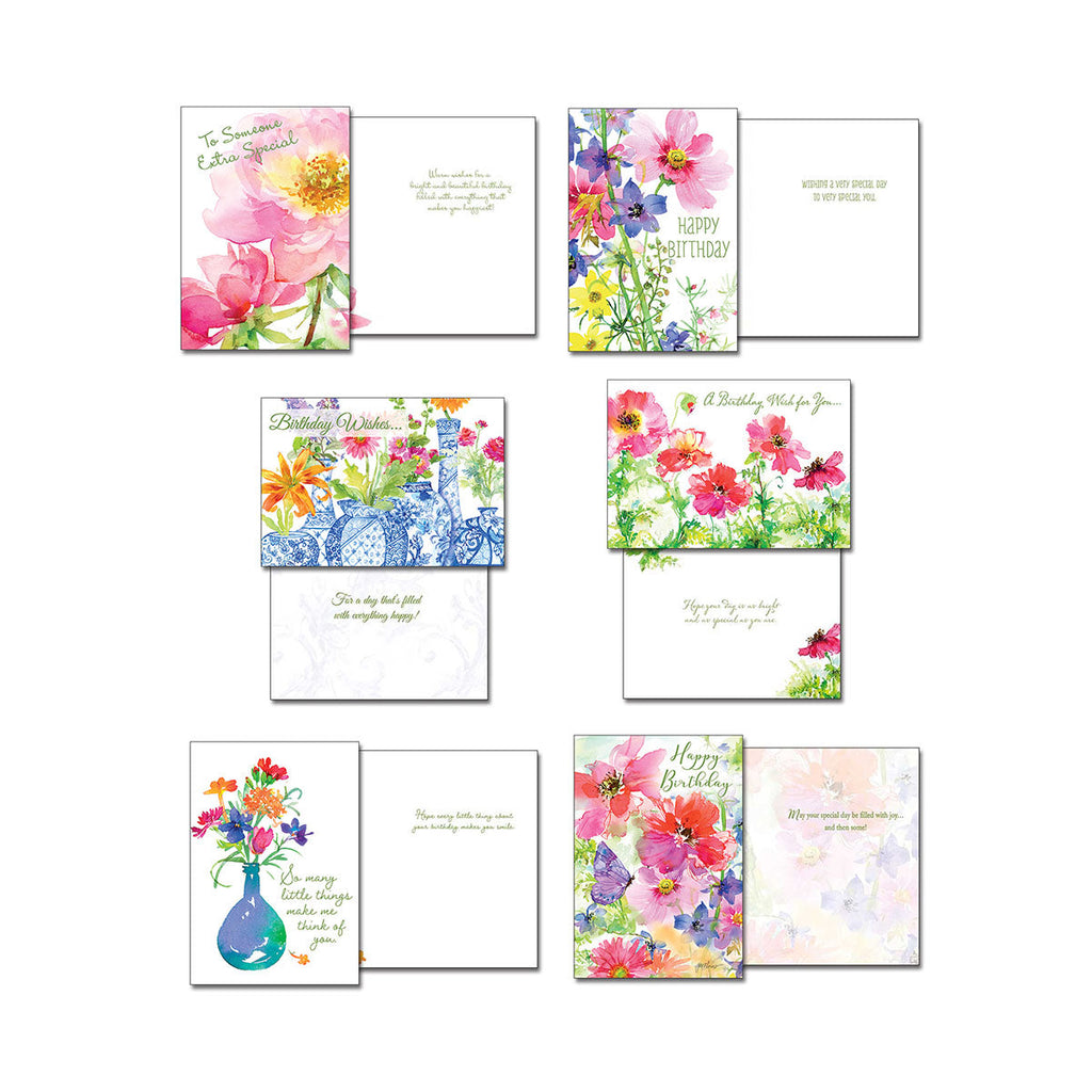 Detailed view of four distinct birthday and 'To Someone Extra Special' floral greeting cards, showing both front and inside sentiments.
