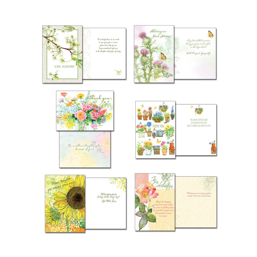Assorted greeting cards featuring designs for sympathy, thank you, celebration, and thinking of you, showcasing diverse floral illustrations and interior text.