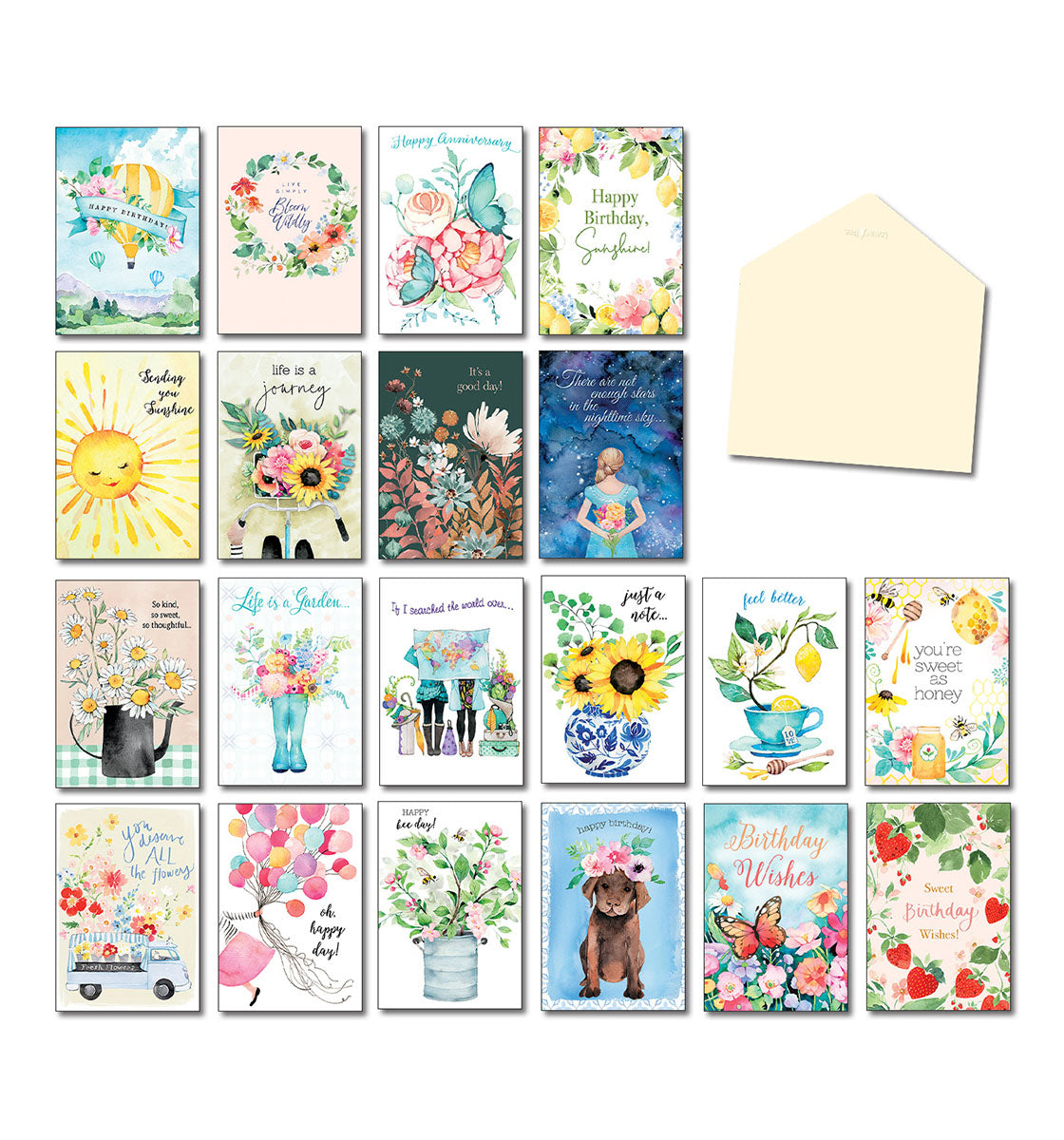 Watercolor greeting card assortment box featuring 20 unique floral, nature, and birthday designs with individual envelopes. Perfect for various occasions.