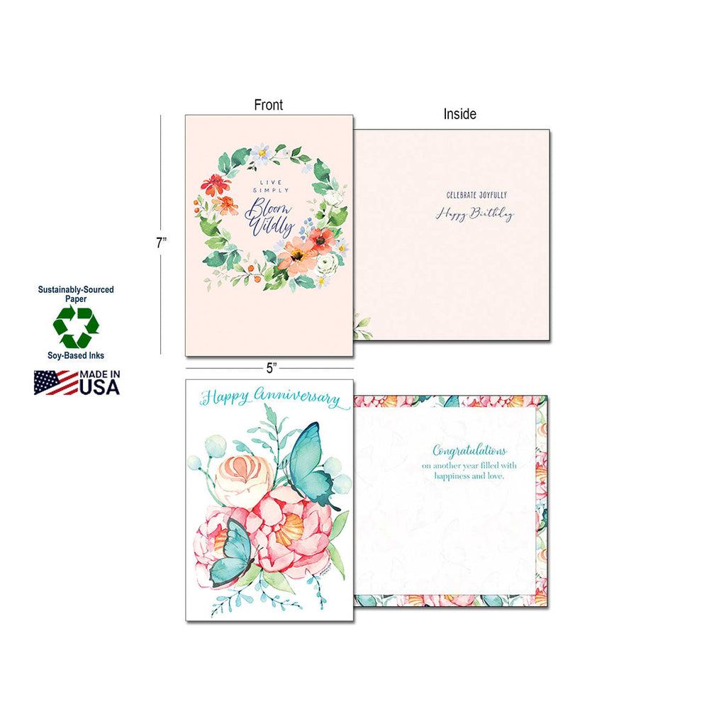 Detailed view of Leanin' Tree greeting cards, showing card dimensions (7x5 inches), sustainably-sourced paper, soy-based inks, and Made in USA label. Features 'Bloom Wildly' (front and inside) and 'Happy Anniversary' (front and inside) designs.