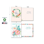 Detailed view of Leanin' Tree greeting cards, showing card dimensions (7x5 inches), sustainably-sourced paper, soy-based inks, and Made in USA label. Features 'Bloom Wildly' (front and inside) and 'Happy Anniversary' (front and inside) designs.
