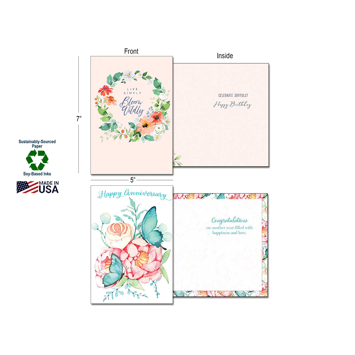 Detailed view of Leanin' Tree greeting cards, showing card dimensions (7x5 inches), sustainably-sourced paper, soy-based inks, and Made in USA label. Features 'Bloom Wildly' (front and inside) and 'Happy Anniversary' (front and inside) designs.