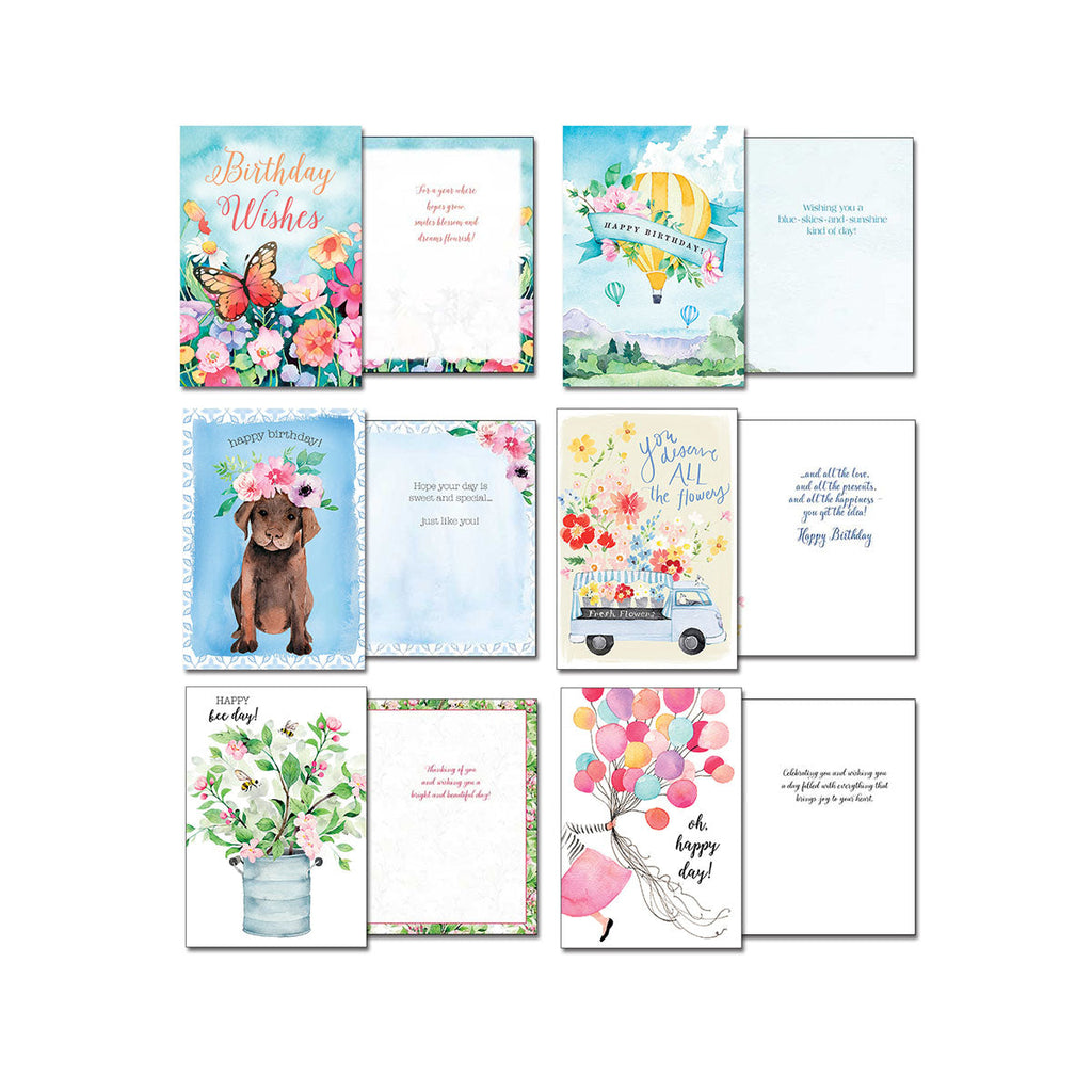 Assortment of Leanin' Tree birthday and celebration cards, displaying front and inside messages. Includes designs with butterflies, hot air balloons, a labrador puppy, a floral truck, bees, and balloons, offering diverse sentiments.