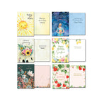Variety of Leanin' Tree watercolor cards with front and inside messages for encouragement and well wishes. Designs feature a smiling sun, night sky, bicycle with flowers, lemon branch, wild berries, and a vibrant garden scene.