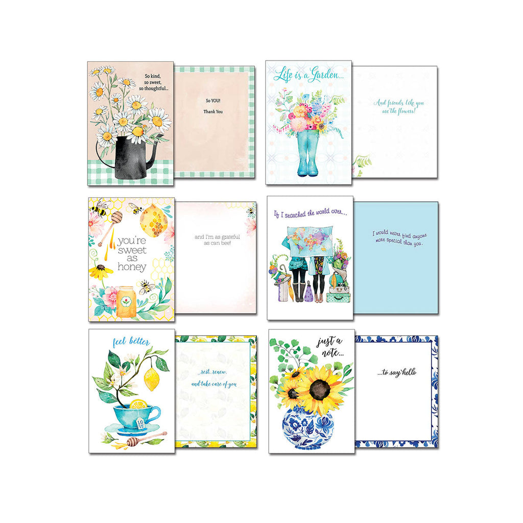 Collection of Leanin' Tree general occasion and thank you cards, showing front and inside views. Designs include daisies, a watering can, honeybees, a travel map, a teacup with lemon, and sunflowers in a blue and white vase.
