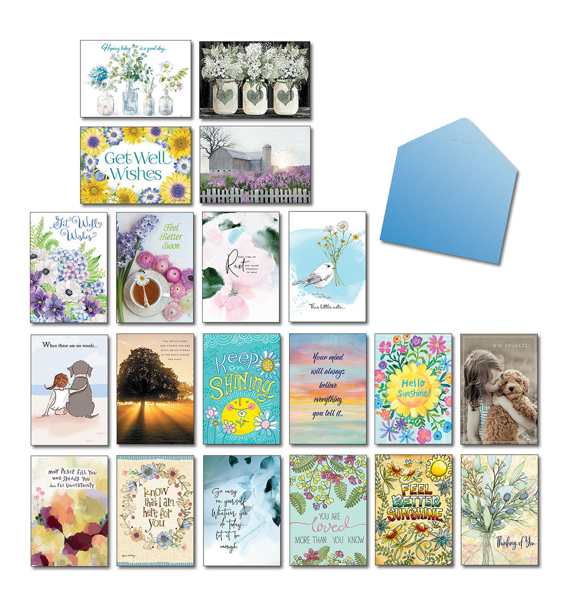 Vibrant assortment of 20 Leanin' Tree encouragement and get well greeting cards with a blue envelope, showcasing various floral, nature, and inspirational designs.