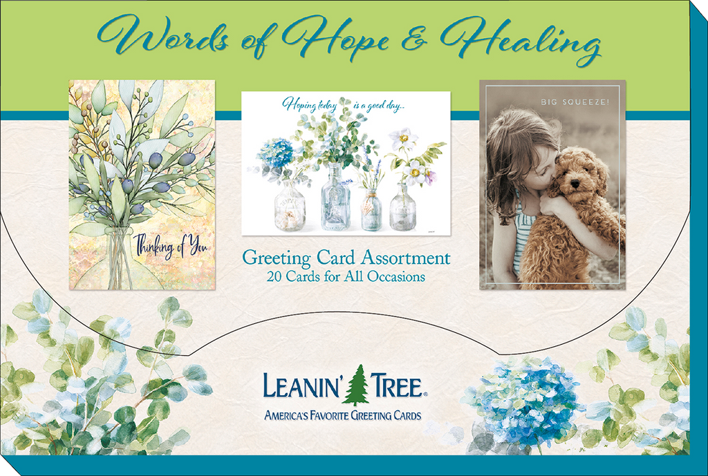 Leanin' Tree 'Words of Hope & Healing' greeting card assortment packaging, highlighting three card designs: 'Thinking of You', 'Hoping Today is a Good Day', and 'Big Squeeze!'