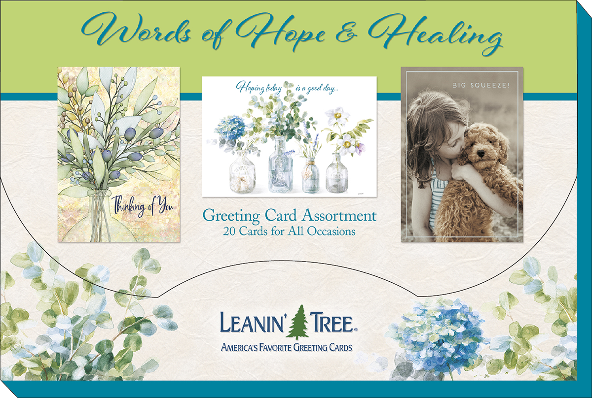 Leanin' Tree 'Words of Hope & Healing' greeting card assortment packaging, highlighting three card designs: 'Thinking of You', 'Hoping Today is a Good Day', and 'Big Squeeze!'