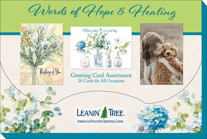 The Words of Hope & Healing Greeting Card Assortment box cover with "20 Cards for All Occasions" and Leanin' Tree logo.