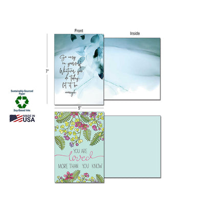 Two greeting cards, "Go easy on yourself" and "You are loved," shown with dimensions and sustainability information.