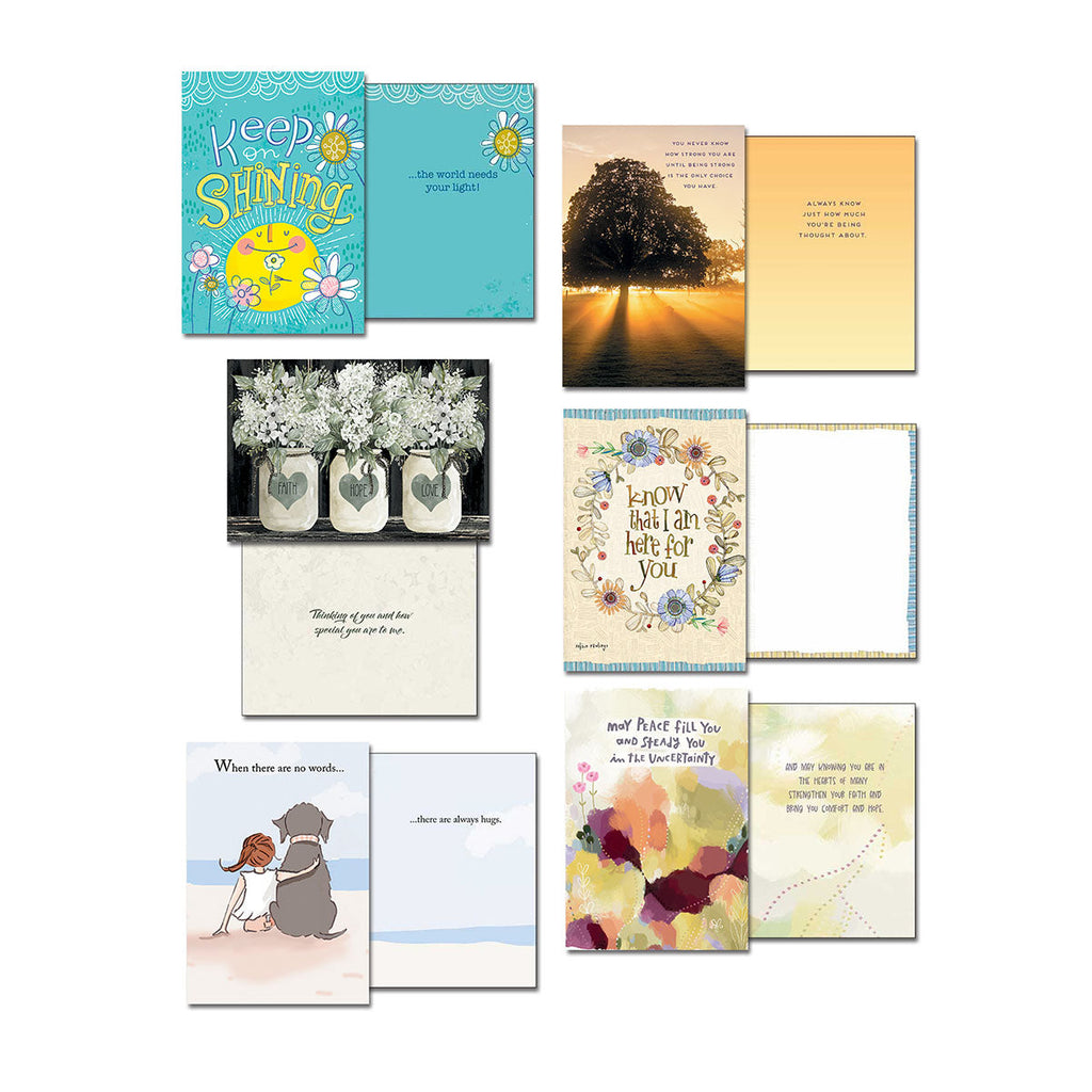 Six unique greeting cards from the assortment, revealing front and inside messages like 'Keep Shining' and 'I am here for you', with nature and abstract art.