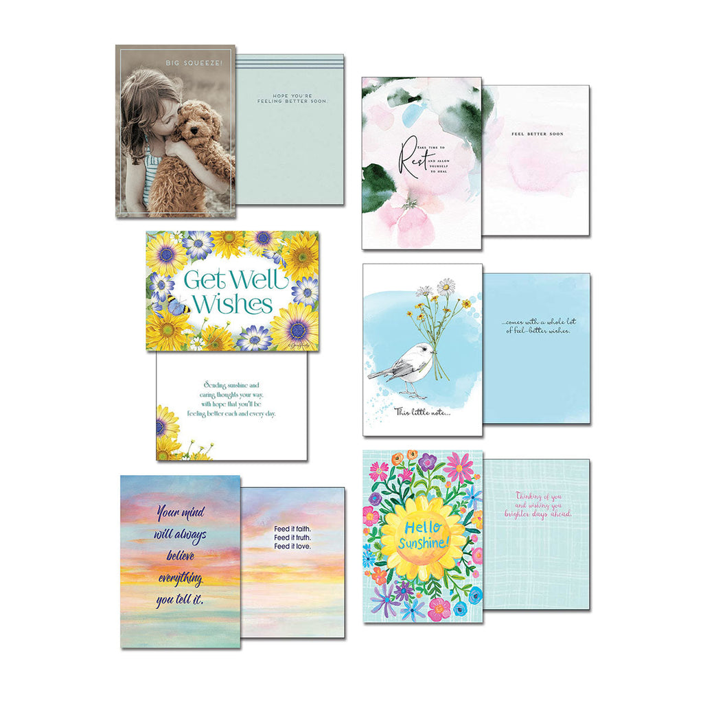 Variety of uplifting greeting cards, including 'Big Squeeze!', 'Get Well Wishes', and 'Hello Sunshine!', showing front designs and interior messages.